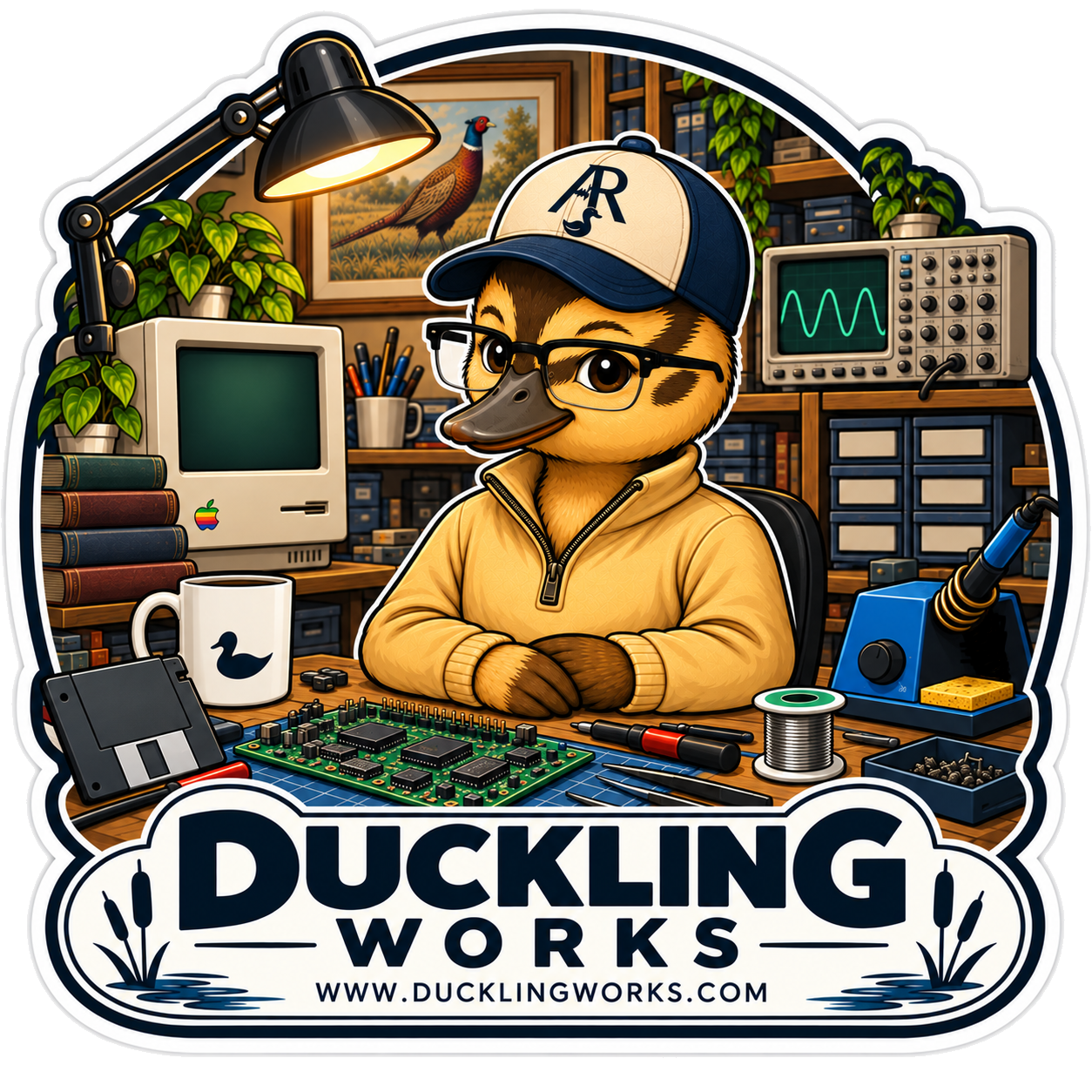 Nibble, the Duckling Works mascot, at a workbench with vintage computers and electronics tools.