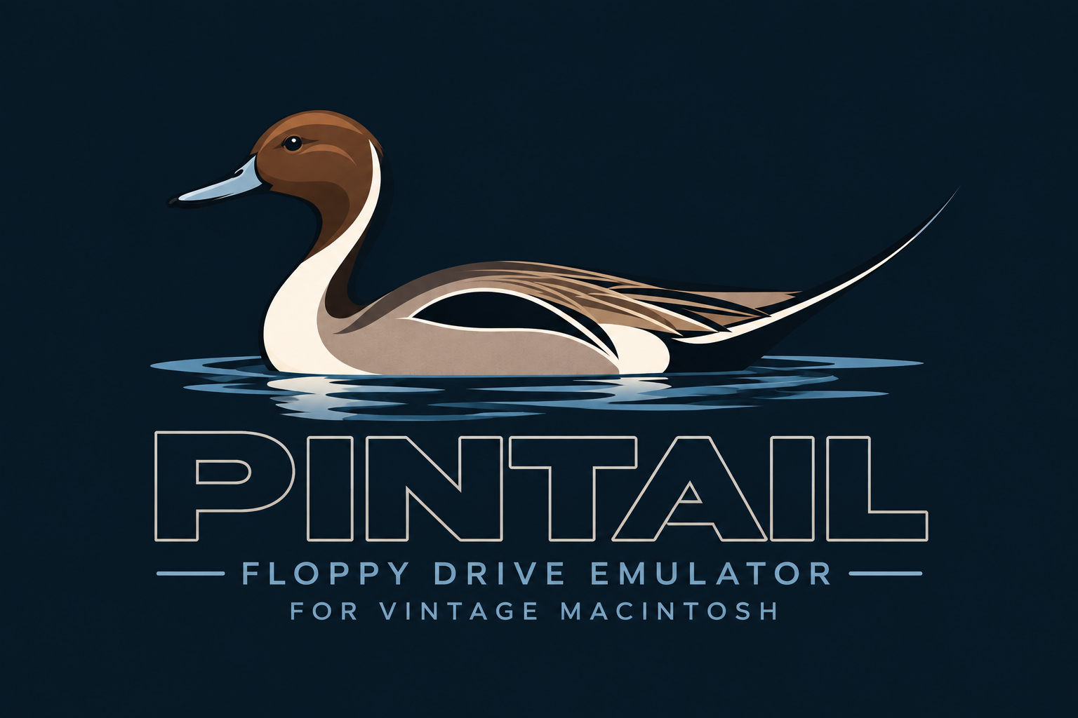 Pintail floppy drive emulator logo featuring a northern pintail duck on dark water